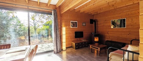 A wooden cabin interior with a fireplace, a TV, and a dining area with a table and chairs.