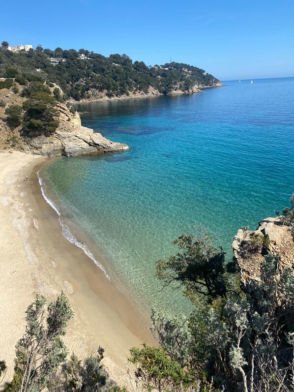 On the beach, sun-loungers