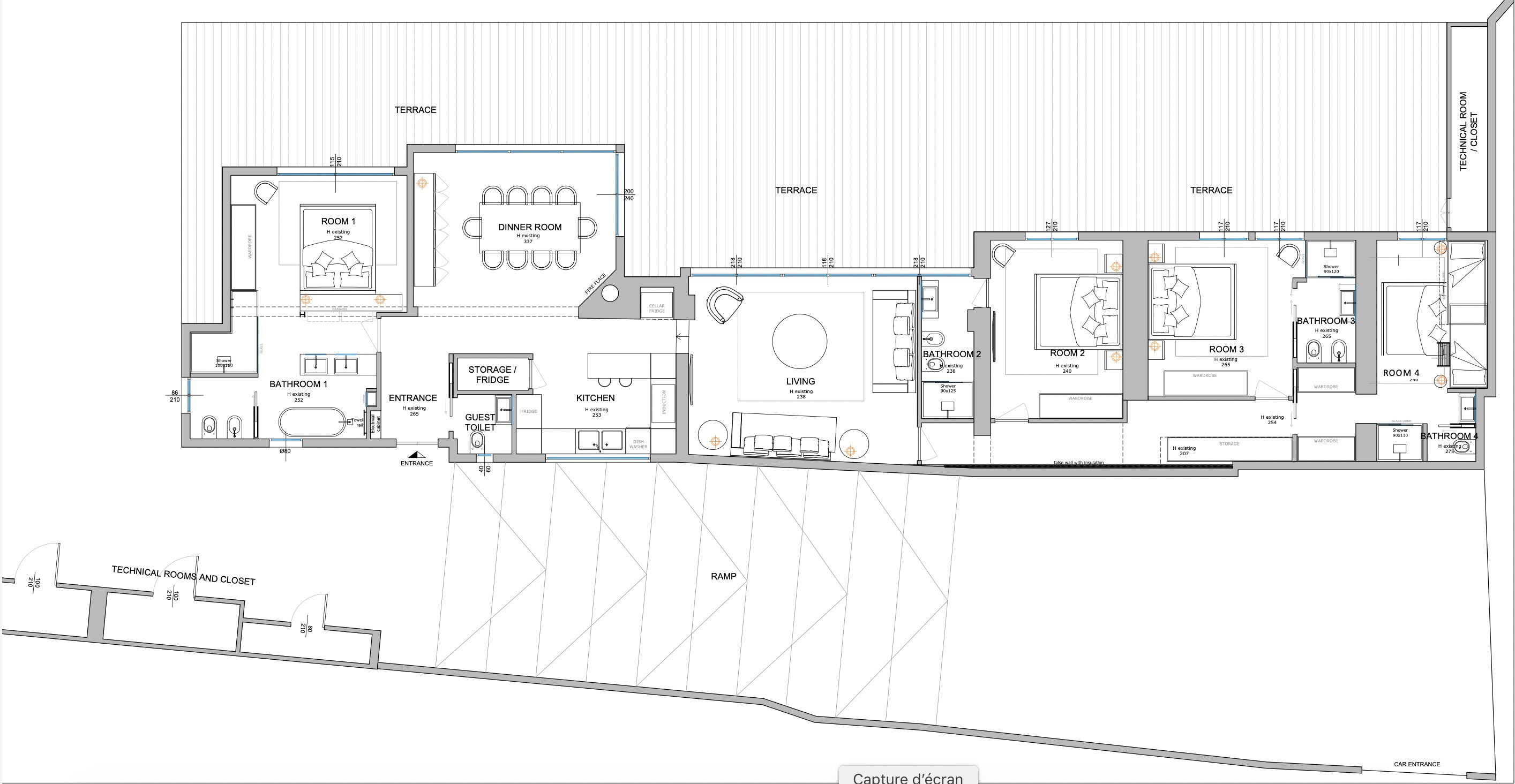 Ein Grundriss eines Hotels mit Terrasse, Esszimmer, Küche, Wohnbereich, Gäste-WC und vier Schlafzimmern.