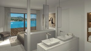 A modern bathroom with two sinks, a large mirror, and a view of a pool and beach. - St Tropez Gulf, luxury villa, very close to the sea with Jaccuzi Ste Maxime (Sainte-Maxime)