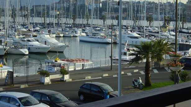 Un port de plaisance où sont amarrés de nombreux bateaux, une vue sur la ville en arrière-plan et une rue avec des voitures et un scooter.