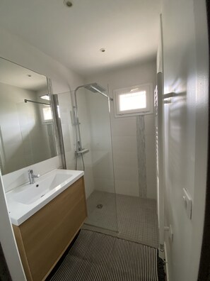 Regadera, secadora de cabello, papel de baño 