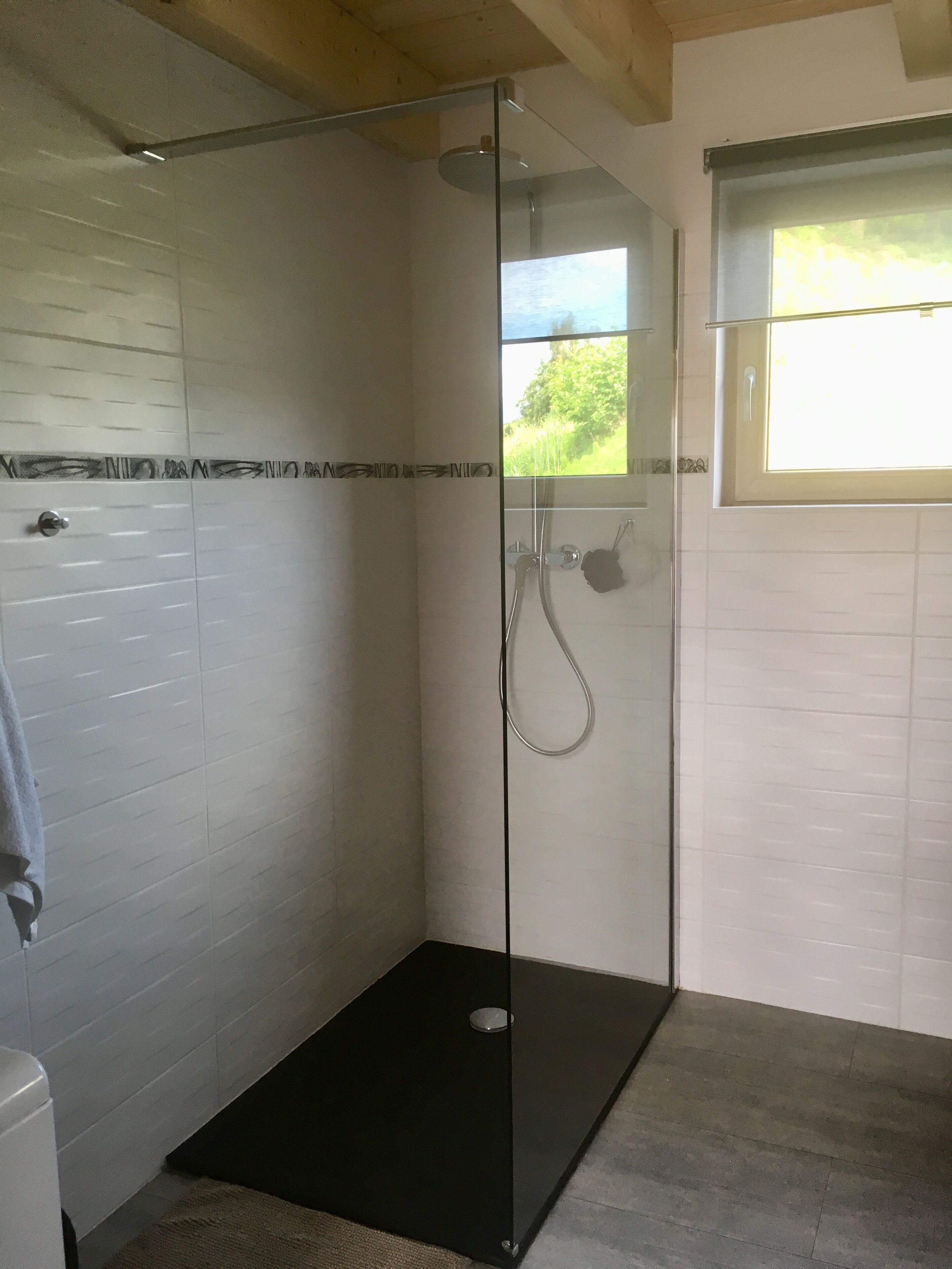 A modern shower area with a glass door, a window with a view of greenery, and a black mat on the floor.