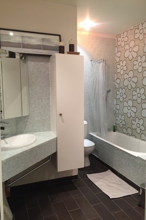 Combined shower/bathtub, hair dryer, towels