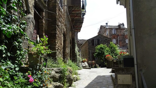Un étroit sentier de pierre, bordé de bâtiments en pierre aux allures rustiques, avec de la verdure et des fleurs de chaque côté.