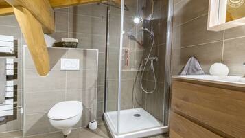 Shower, hair dryer, toilet paper