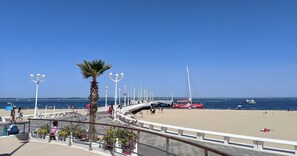 Un paseo marítimo con una palmera, farolas y un velero rojo.