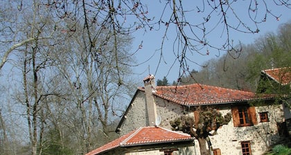 Rauhallinen keidas joen rannalla, metsäinen ja varjoisa, lämmitetty uima-allas.