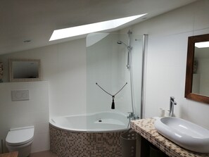 Suihkun ja ammeen yhdistelmä, hiustenkuivaaja, pyyhkeet