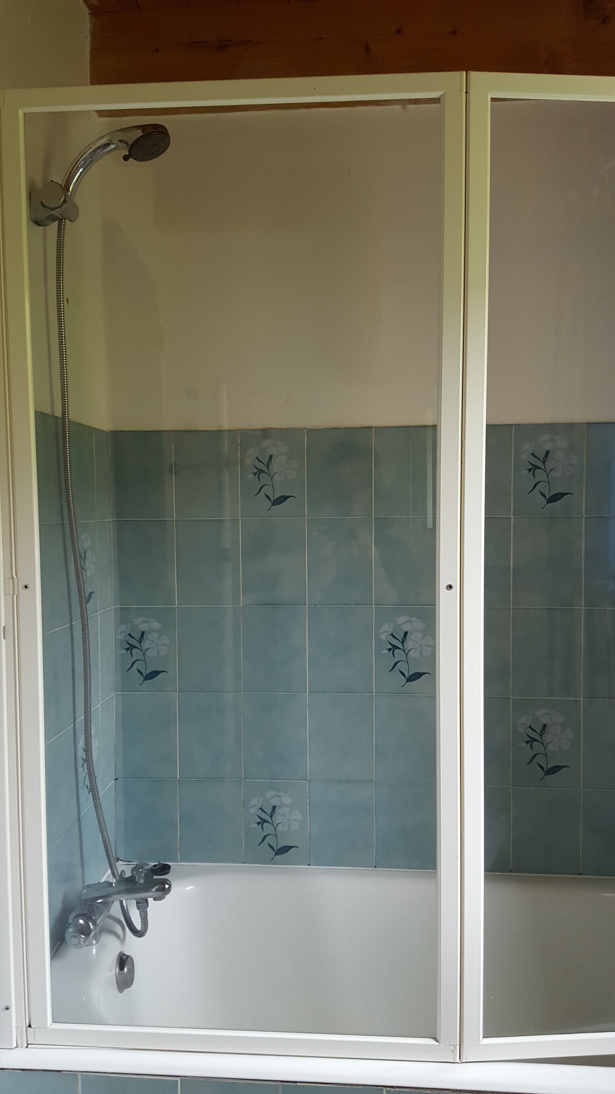 Eine Duschkabine mit Glastür, Handbrause und integriertem Wasserhahn. Die Wände sind mit einem Blumenmuster gefliest.