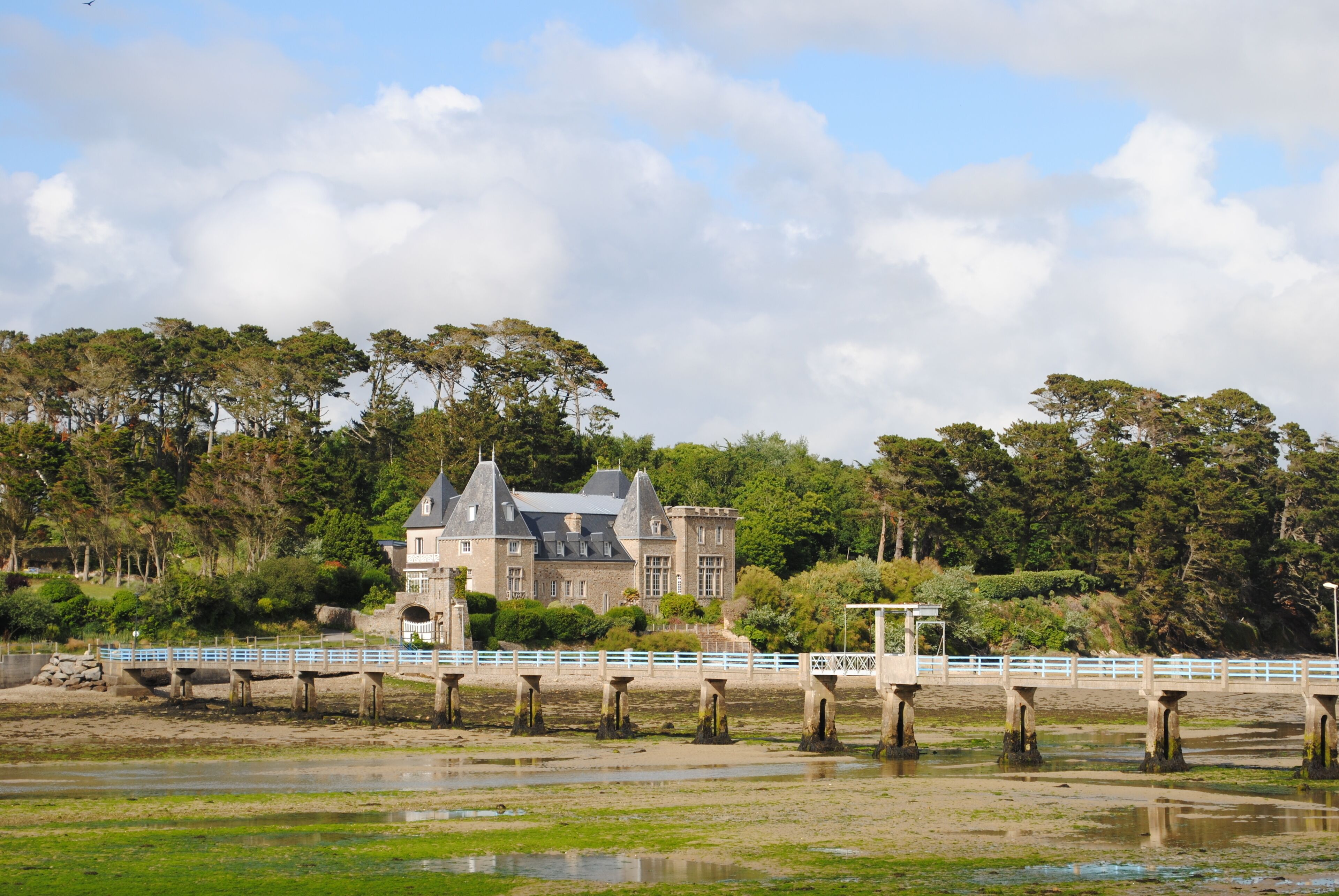 A large, historic building with a prominent tower, situated by a waterfront with a bridge leading to it.