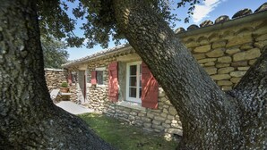 A stone building with red shutters, a stone wall, and a tree in the foreground. - LE PETIT MAS PROVENÇAL. POOL & AIR CONDITIONING VINEYARD VIEW (Grillon)