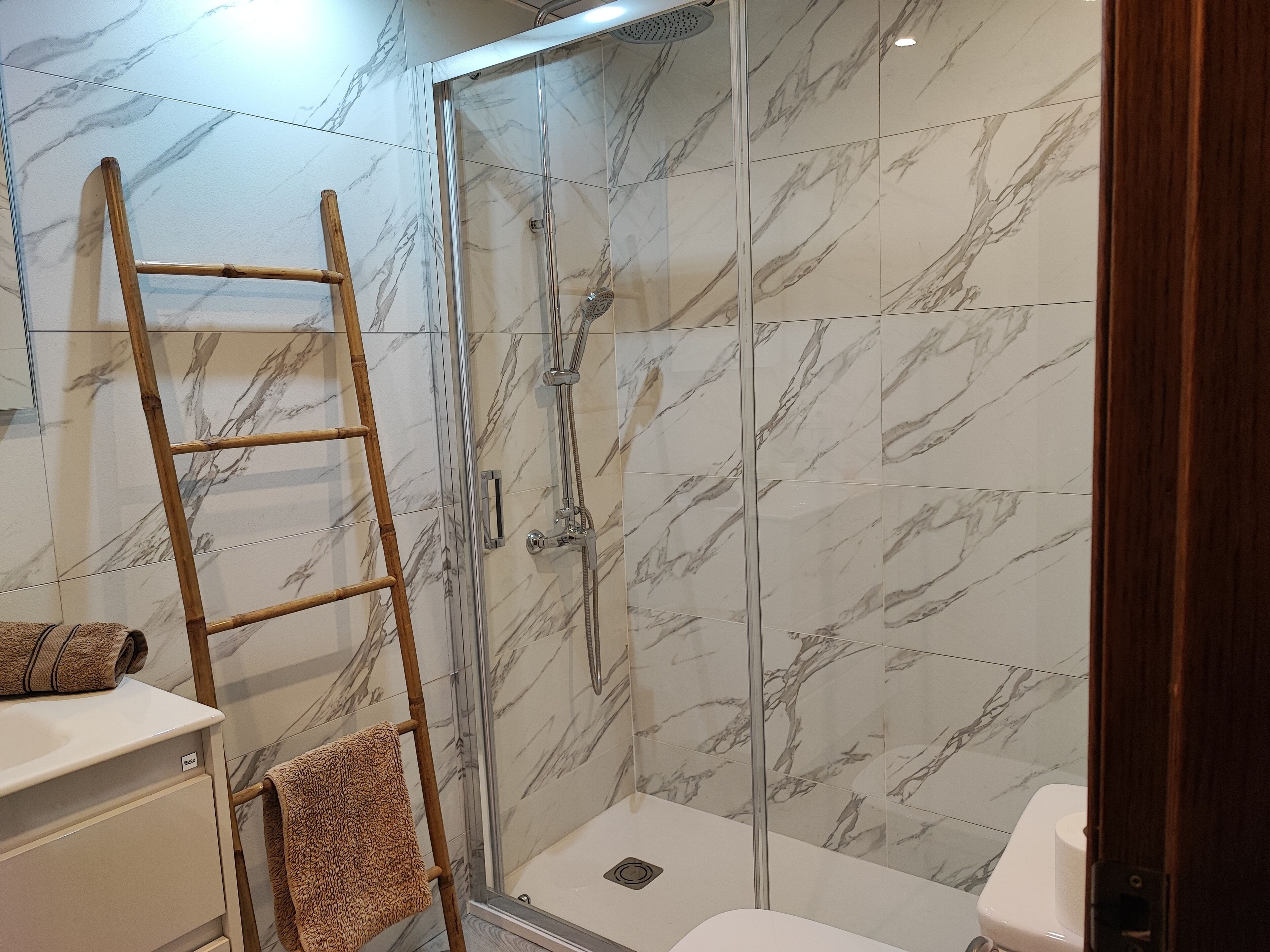 Une salle de bain avec une douche à parois de verre, des carreaux de marbre, une échelle en bois et des toilettes.