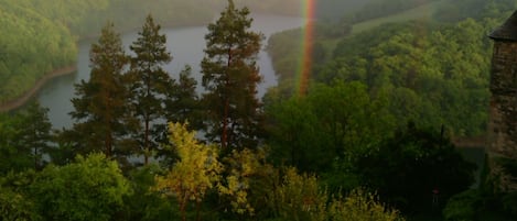 A view of a lake surrounded by trees and hills.