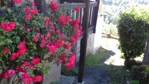A pathway leading to a stone building with a wooden pergola. - Randonnée portes de l'Aubrac Vue sur Lac 4 pers 2 chambres 2wc Mandailles (Castelnau-De-Mandailles)