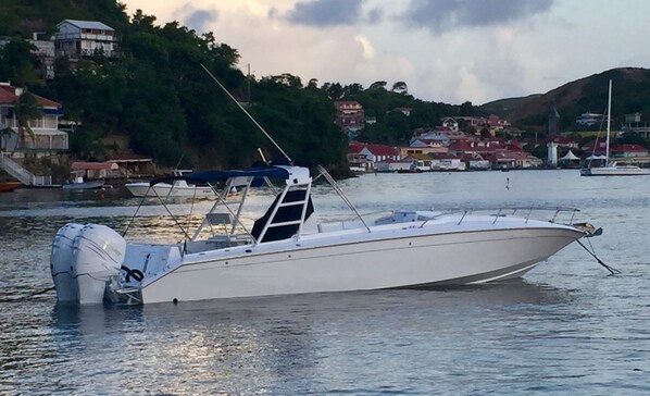 A white motorboat docked near a waterfront with houses and greenery in the background. - Villa with private pool, quiet, close to beaches, in Sainte Anne (Sainte Anne)