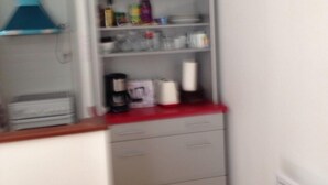 A kitchen with a built-in fridge, a microwave, and a coffee maker on the counter. - Studio 2 persons propriano (Propriano)