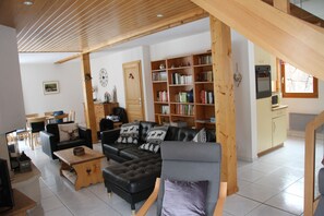 TV connectée, cheminée, lecteur de DVD, livres