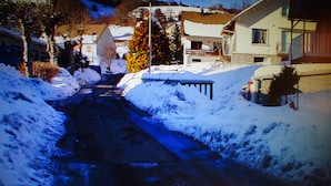 A narrow snow-covered street with houses on both sides. - Chalet''Le Chardon '' 67m2 + 20m2 rental from 2 to 7 people with modular option (La Bourboule)