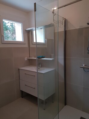 Hair dryer, towels, soap