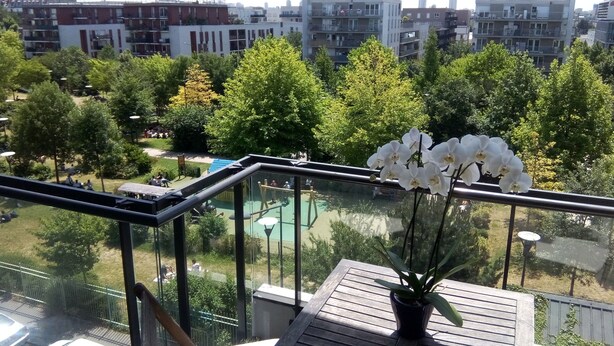 Un balcon agrémenté d’un pot de fleurs, avec vue sur un parc et des immeubles.
