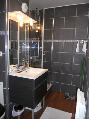 Baignoire, sèche-cheveux, serviettes fournies, papier toilette