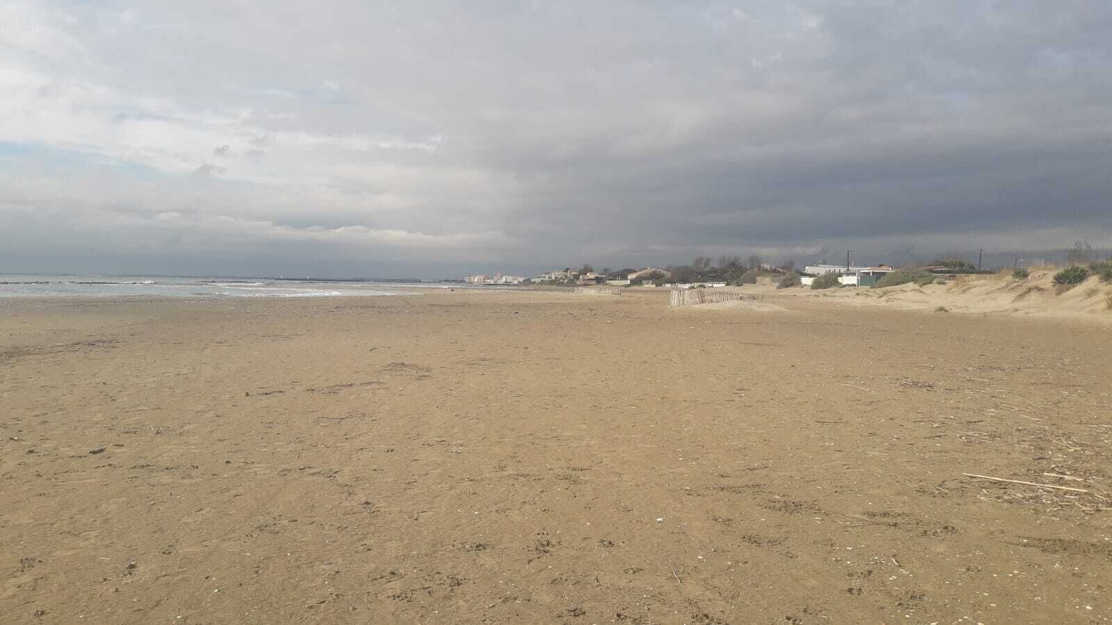 Una extensa playa de arena con vista al océano y edificios al fondo.
