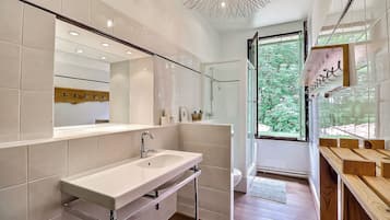 Shower, hair dryer, towels