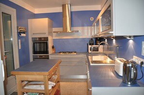 A compact kitchen with a gas stove, oven, and stainless steel range hood.