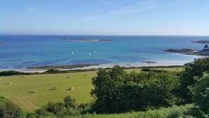 Un paysage côtier avec un champ d’herbe, des arbres et une vue sur la mer où l’on aperçoit des bateaux.