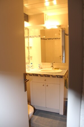 A compact bathroom with a white sink, a mirror, and a toilet.