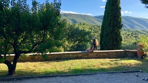 A stone wall with a person sitting on it, overlooking a grassy area with trees and a mountainous landscape.