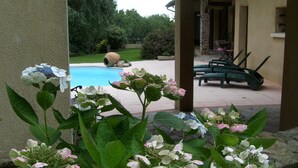 A pool area with a patio and lounge chairs, surrounded by lush greenery and flowering plants. - Quiet, restful house with private pool in a tourist area (Bout-Du-Pont-De-Larn)