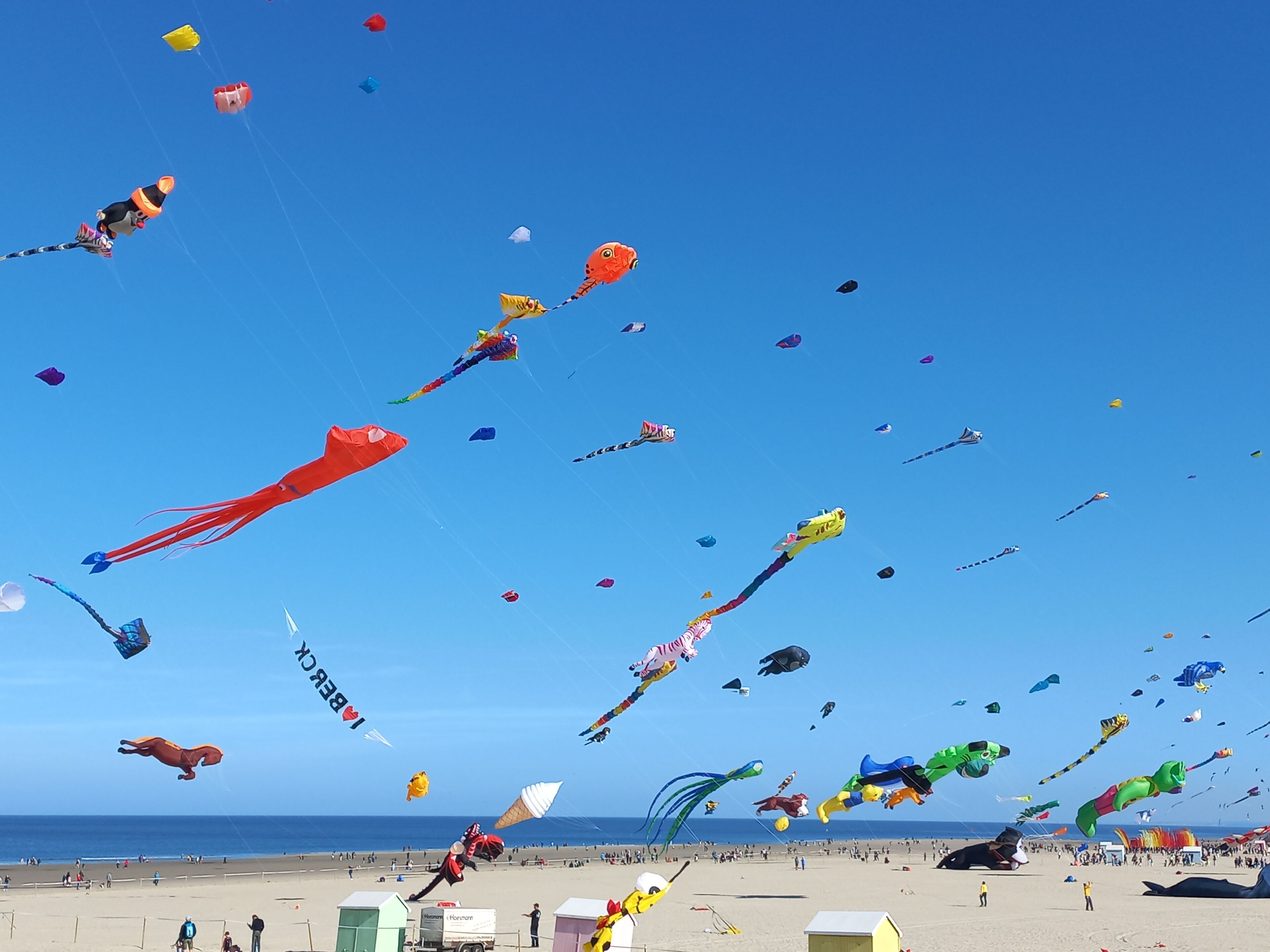 A beach with numerous kites flying in the sky.