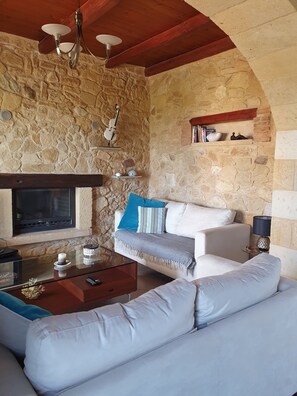 Smart TV, fireplace, DVD player, books