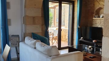 Smart TV, fireplace, DVD player, books