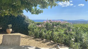 A garden with a bench, a potted plant, and a view of distant hills.