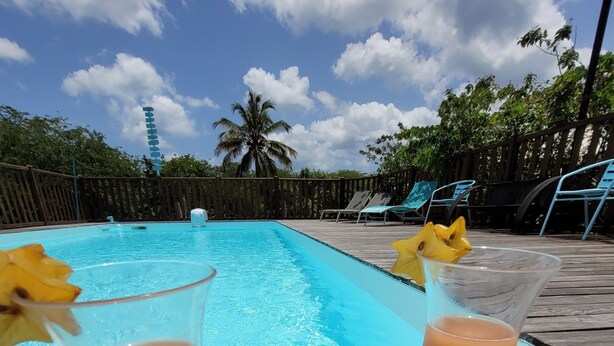 A poolside setting with two drinks and a book. - BUNGALOWS "Coco" typical Creole with all comforts, feet in the water  (DESHAIES)