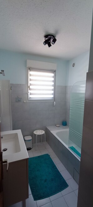 Combined shower/tub, hair dryer
