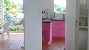 A spacious kitchen with pink cabinets and a view of the outdoors.