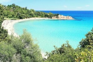 A coastal landscape with a clear turquoise sea, sandy beach, and dense greenery. - Superb studio, view of the sea, garden, ground floor of villa in the countryside (Bastelicaccia)