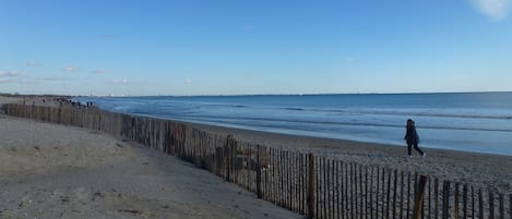 En la playa, camastros y sombrillas 