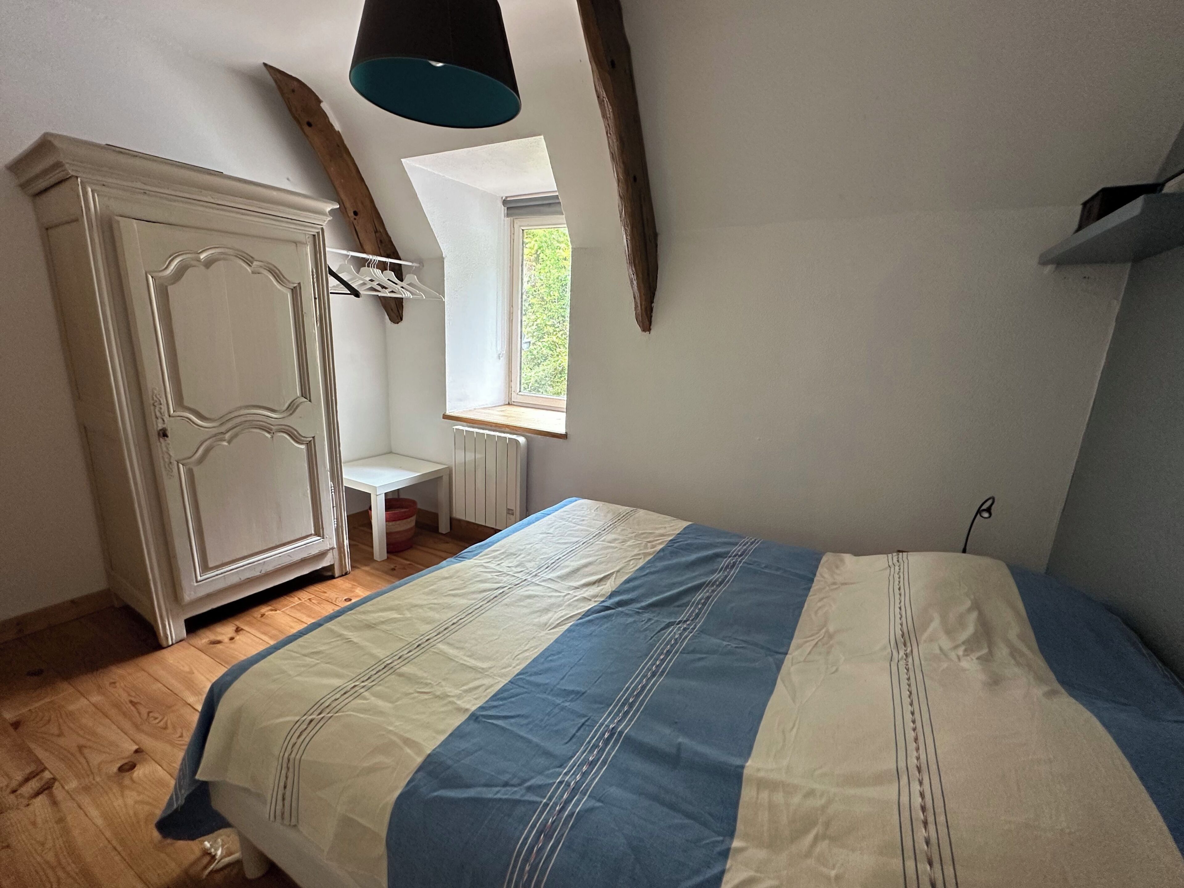A bedroom with a bed, a wardrobe, a radiator, a window, and a ceiling light fixture.