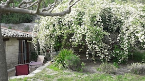 A stone building with a tiled roof, a small outdoor seating area, and a garden with blooming white flowers.