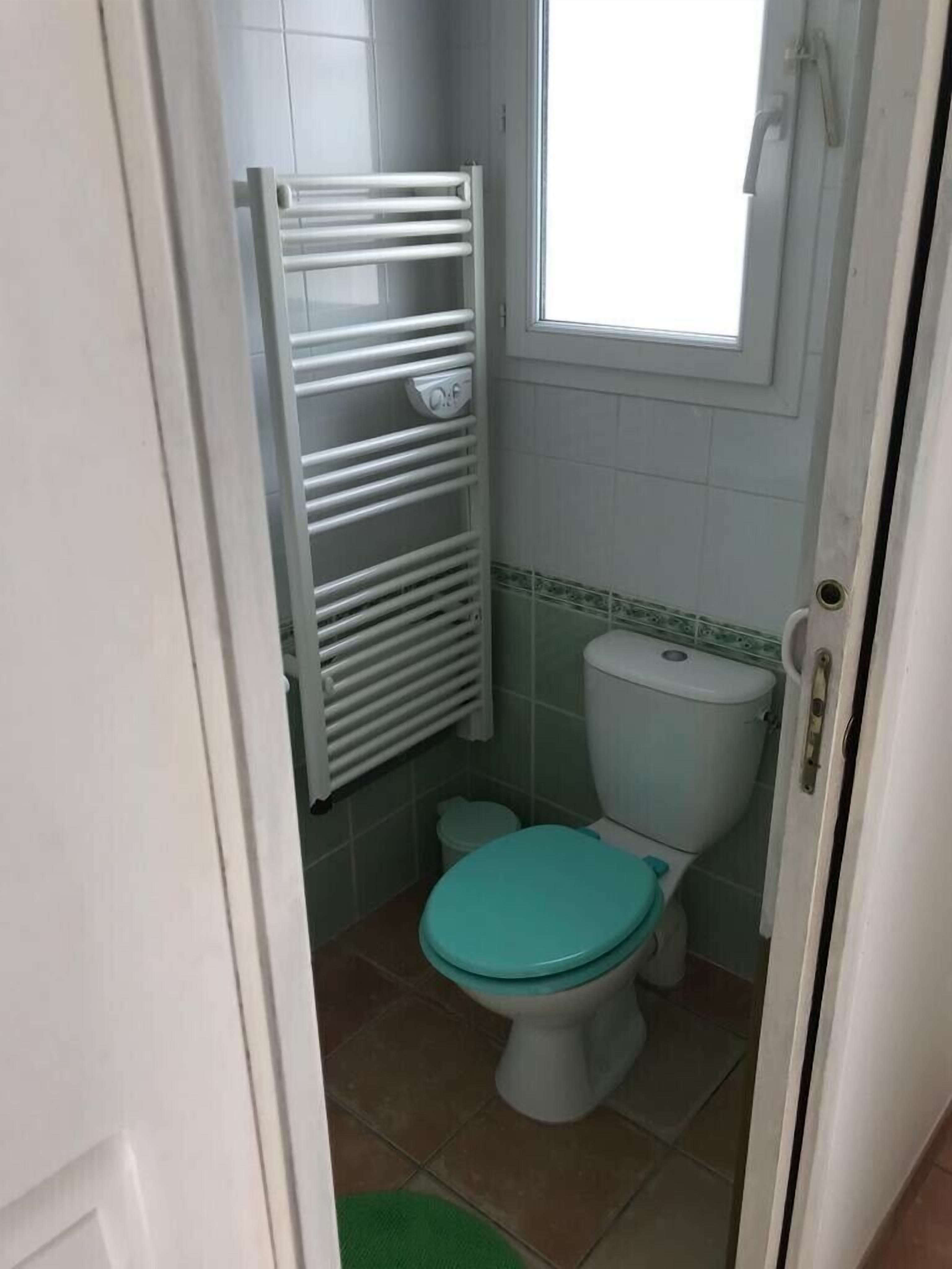 Een kleine badkamer met een toilet, een witte radiator en een raam.