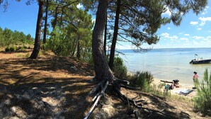 Vista de un lago con barcos, árboles y una playa de arena.