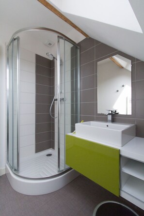 Shower, hair dryer, towels, toilet paper