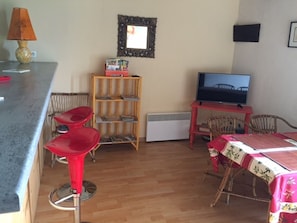 Un espacio habitable compacto con kitchenette, zona de comedor con mesa y sillas, televisor y estantería.