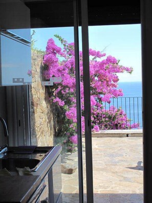 Een keuken met een stenen muur en uitzicht op een balkon met roze bloemen en de zee.