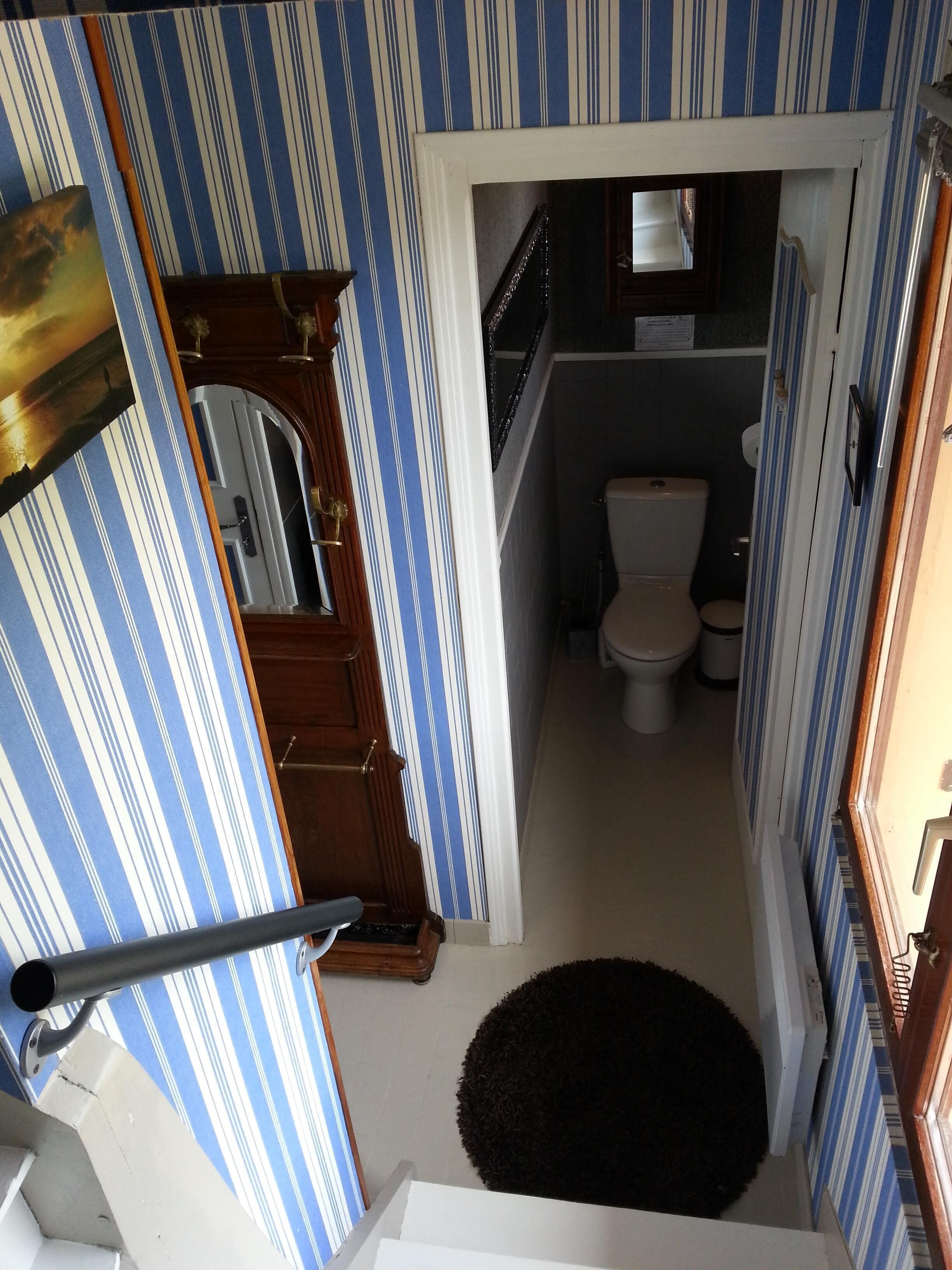 Un baño con inodoro, lavamanos pequeño y zona de ducha.